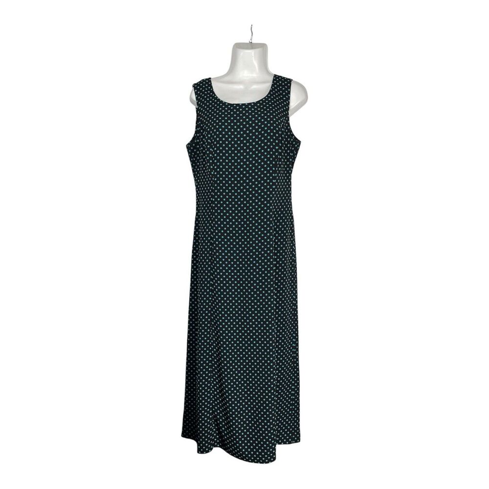 Studio I Black Maxi Dress 10 Teal Polka Dot Sleeveless Long Sheath Casual Office